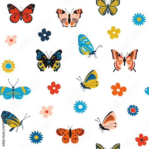 Butterfly pattern. Cartoon seamless texture for print with colorful flying insects and flowers. Vector nature textile pattern © Natalia