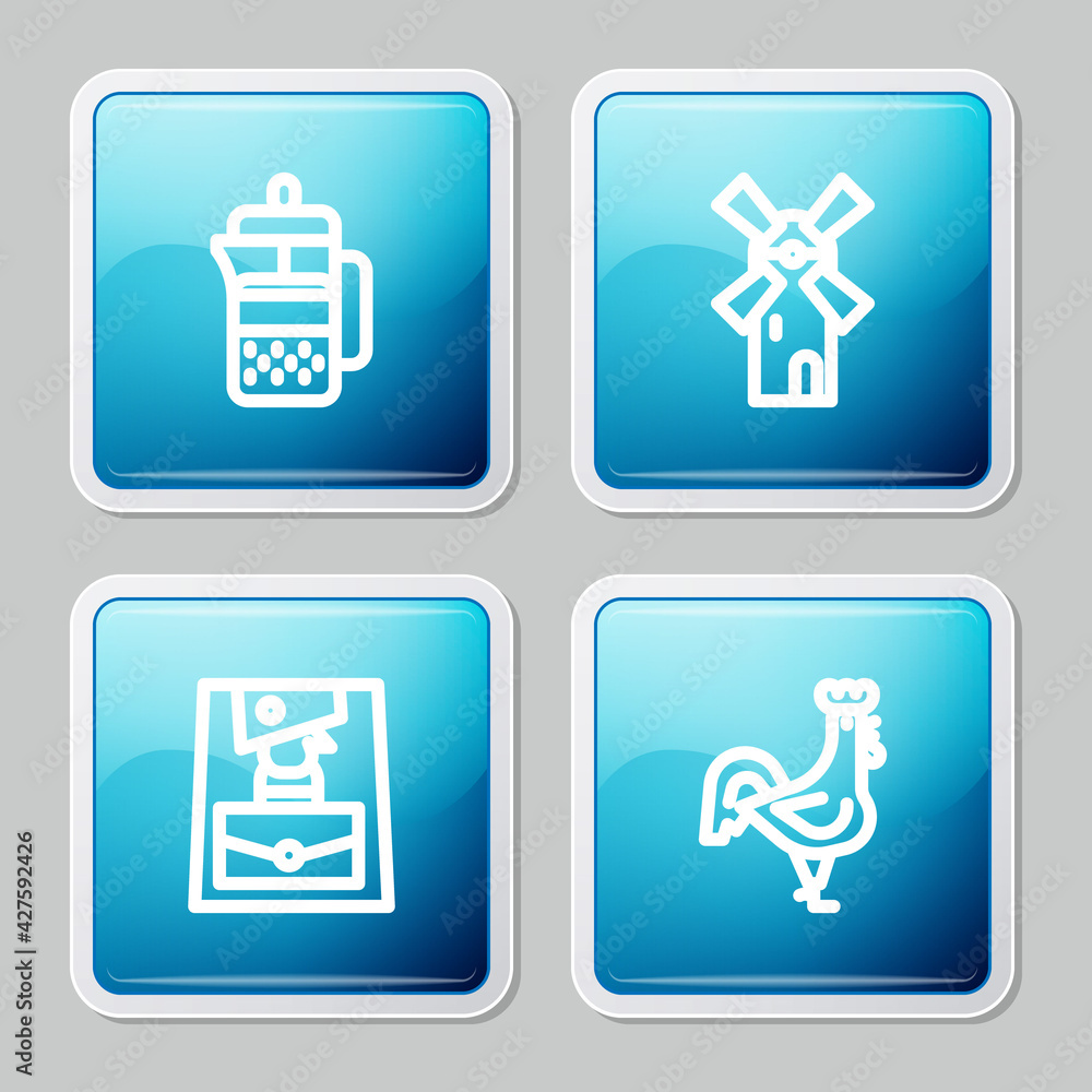 Set line French press, Windmill, Handbag and rooster icon. Vector