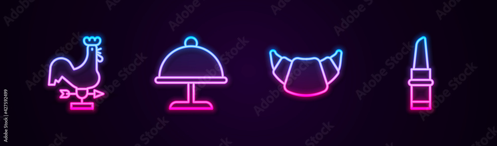 Set line Rooster weather vane, Covered with tray, Croissant and Lipstick. Glowing neon icon. Vector Set line Rooster weather vane, Covered with tray, Croissant and Lipstick. Glowing neon icon. Vector