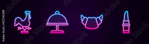Set line Rooster weather vane, Covered with tray, Croissant and Lipstick. Glowing neon icon. Vector