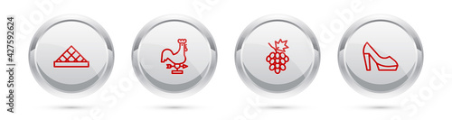 Set line Louvre museum, Rooster weather vane, Grape fruit and Woman shoe. Silver circle button. Vector