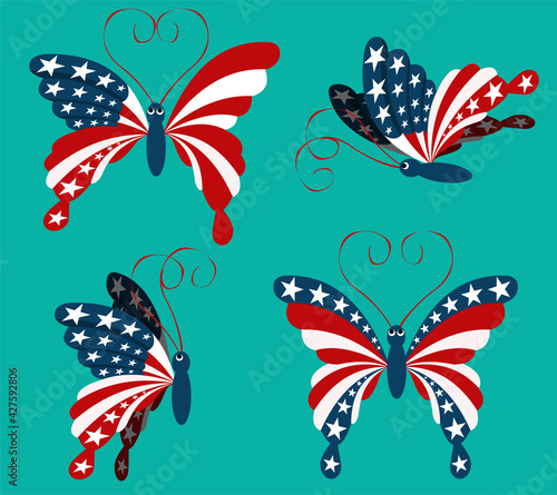 Set of patriotic butterflies American flag