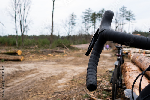 Adventure on a gravel bike in the woods. View of the bicycle handlebar with accessories. Taken under cloudy skies © Fotoforce