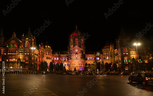 Chhatrapati Shivaji Terminus mumbai India maharashtra, headquarters of the Central Railways night view colorful lighting 
