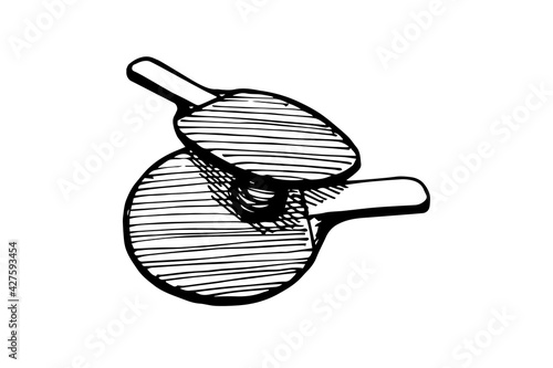 Ping-pong rackets and ball hand drawn outline sketch icon. Table tennis equipment. Ping pong game paddles logo concept. Vector black ink doodle isolated illustration on white background