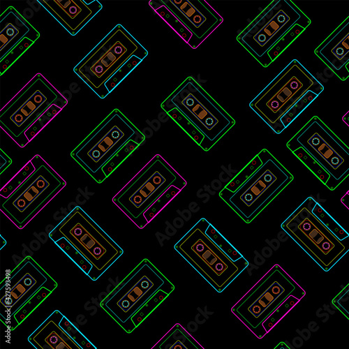neon tape casette theme vector seamless pattern. For textile print, web, room wall decor, and etc. vector