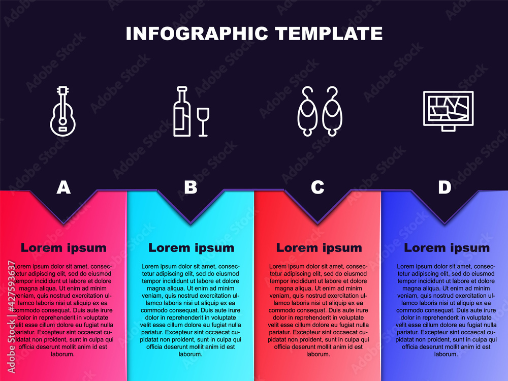 Set line Spanish guitar, Wine bottle with glass, Earrings and Picture art. Business infographic template. Vector Set line Spanish guitar, Wine bottle with glass, Earrings and Picture art. Business infographic template. Vector