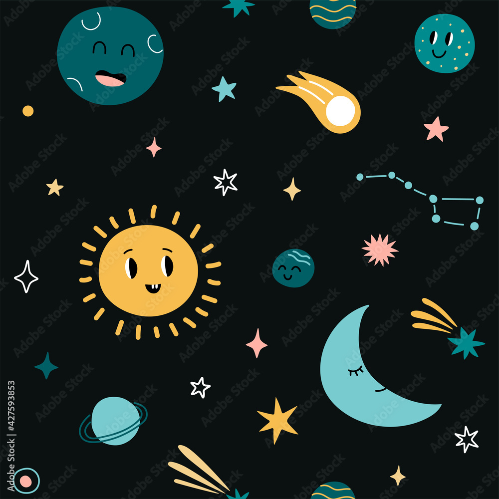 2101.i010.n007.F.c6.1308103507.Cute childish pattern. Seamless baby print with Sun Moon stars clouds and planets. Vector texture for kids t-shirts 2101.i010.n007.F.c6.1308103507.Cute childish pattern. Seamless baby print with Sun Moon stars clouds and planets. Vector texture for kids t-shirts