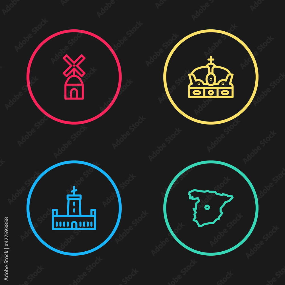 Set line Montjuic castle, Map of Spain, Crown spain and Windmill icon. Vector Set line Montjuic castle, Map of Spain, Crown spain and Windmill icon. Vector