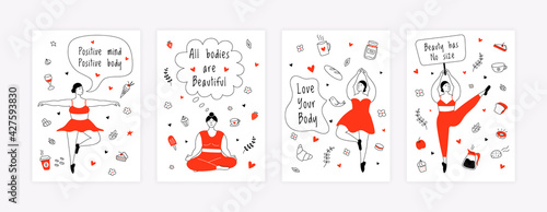 Body positive posters. Female empowerment active lifestyle, fat cartoon characters doing sport exercises and yoga. Vector set