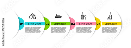 Set line Castanets, Spanish hat, Wine bottle with glass and Bottle of olive oil. Business infographic template. Vector