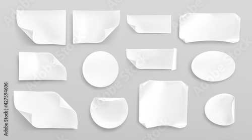 White paper stickers or crumpled glued patches mockup. Blank shrunken labels of different shapes round, square, oval and rectangular wrinkled emblems with curve edges, Realistic 3d vector icons set