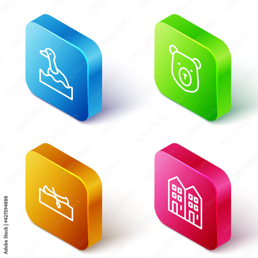 Set Isometric line Flying duck, Bear head, Kayak or canoe and House icon. Vector Set Isometric line Flying duck, Bear head, Kayak or canoe and House icon. Vector
