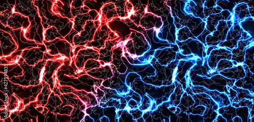 Versus, battle background, red and blue electrical discharges, lightning, cracks. Background for racing, battle, competition, sports and games. Vector illustration