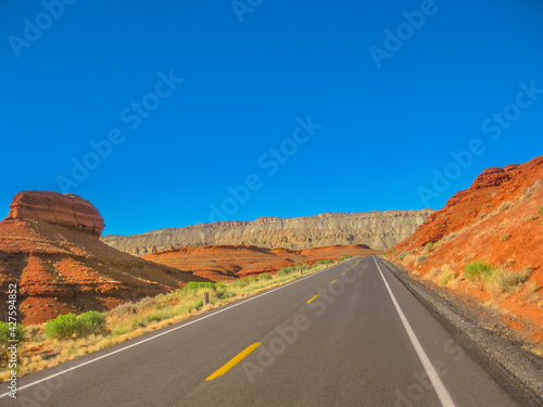 Road trip at Bighorn Canyon National Recreation Area, a national park between Wyoming and Montana, United States. Summer season. Blue sky with copy space.