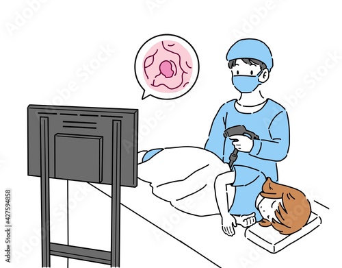 大腸がん検査を行う女性と医者のイラスト