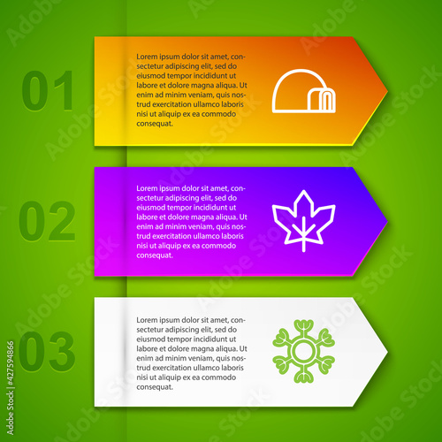 Set line Igloo ice house, Canadian maple leaf, Snowflake and Christmas sweater. Business infographic template. Vector