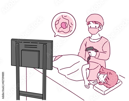 大腸がん検査を行う女性と医者のイラスト