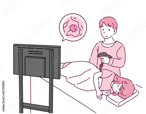 大腸内視鏡検査を行う女性と医者のイラスト