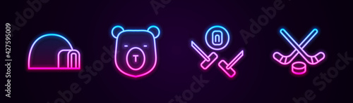 Set line Igloo ice house, Bear head, Curling sport game and Ice hockey sticks and puck. Glowing neon icon. Vector