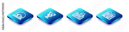 Set Isometric line Montreal Biosphere, Lobster, Chateau Frontenac hotel and House icon. Vector