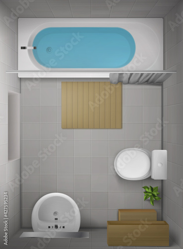 Bathroom interior top view, room with bathtub full of water, toilet bowl, ceramic sink with mirror, rug on white tiled floor, modern lavatory visualization, home wc, Realistic 3d vector design project
