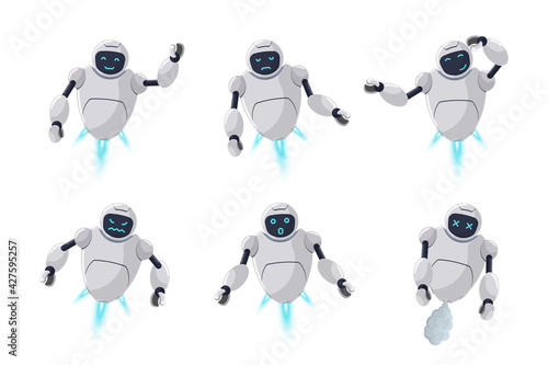 Cute friendly robot character different emotion set. Futuristic chatbot mascot various activity poses. Online bot greets  smile  sad  evil  surprised  think and broken. Tech cartoon illustration