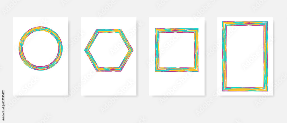 Set of colored geometric grunge frames on white layouts. Colored border texture. Square, rectangle, circle, hexagon concept. Decorative design. EPS10 vector Set of colored geometric grunge frames on white layouts. Colored border texture. Square, rectangle, circle, hexagon concept. Decorative design. EPS10 vector
