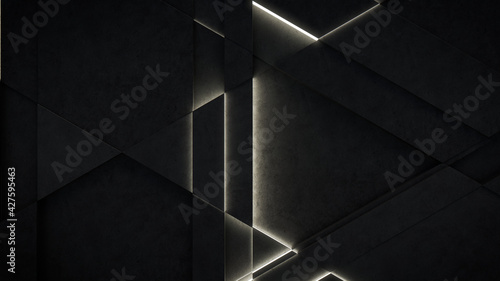 Dark, Concrete wall background, with integrated White light strips. Geometric Tech Wallpaper with Illuminated, Futuristic, 3D Blocks. 3D render photo