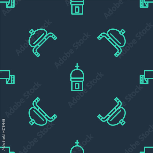 Set line Church tower  Bread and salt and Embroidered towel on seamless pattern. Vector