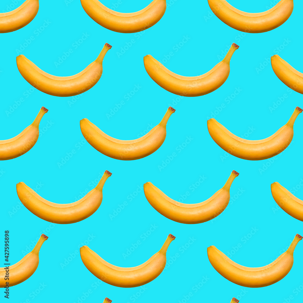 Banana seamless pattern on pastel blue background. Trendy colors Summer tropical exotic fruit pattern, concept. Nature background., gift wrapping paper, textile print design.