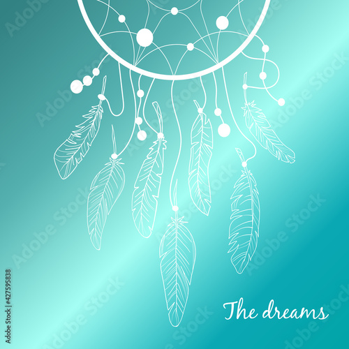 Vector dream catcher with feathers. Dreams. Vector illustration. Stock image. Contour image. Feathers. The blue gradient. White outline.