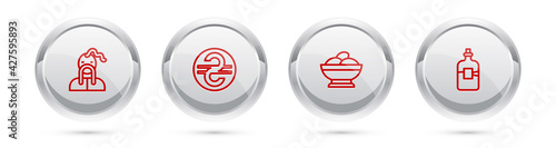 Set line Ukrainian cossack, hryvnia, Varenyky bowl and Bottle of vodka. Silver circle button. Vector
