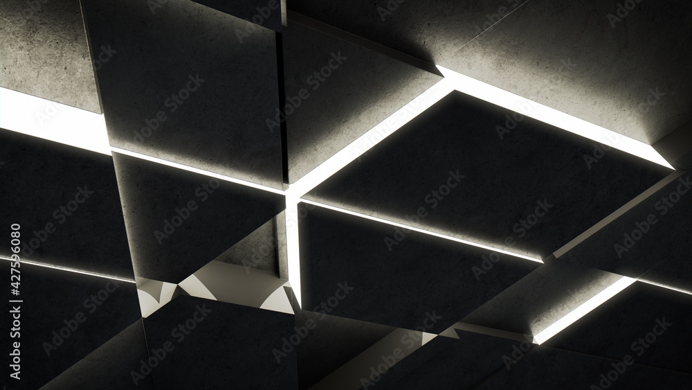 Dark, Concrete wall background, with integrated White light strips. Geometric Tech Wallpaper with Illuminated, Futuristic, 3D Blocks. 3D render Dark, Concrete wall background, with integrated White light strips. Geometric Tech Wallpaper with Illuminated, Futuristic, 3D Blocks. 3D render