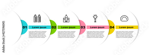 Set line Two towers in Dnipro, Church building, Mace and Dumplings. Business infographic template. Vector