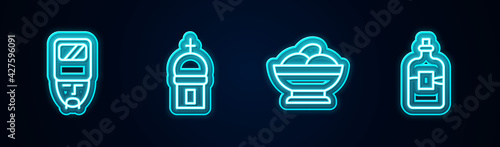 Set line Ukrainian cossack, Church tower, Varenyky bowl and Bottle of vodka. Glowing neon icon. Vector