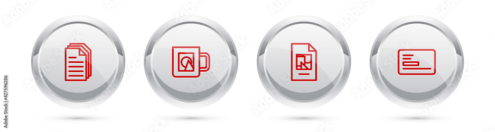 Set line File document, Coffee cup, and Business card. Silver circle button. Vector Set line File document, Coffee cup, and Business card. Silver circle button. Vector