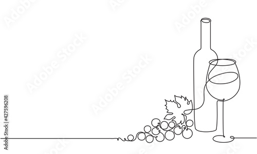 Wine glass, a bottle of wine and grapes. Still life. Sketch. Draw a continuous line. Decor