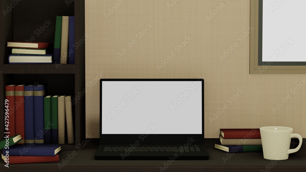 Fototapeta premium 本棚 ノートパソコン コーヒーカップ 背景 3DCGイラスト 部屋 書斎