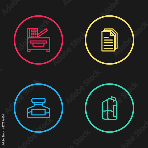 Set line Ink bottle, Printer ink, File document and Copy machine icon. Vector