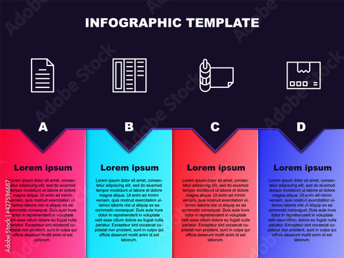 Set line File document, Brochure, Roll of paper and Carton cardboard box. Business infographic template. Vector