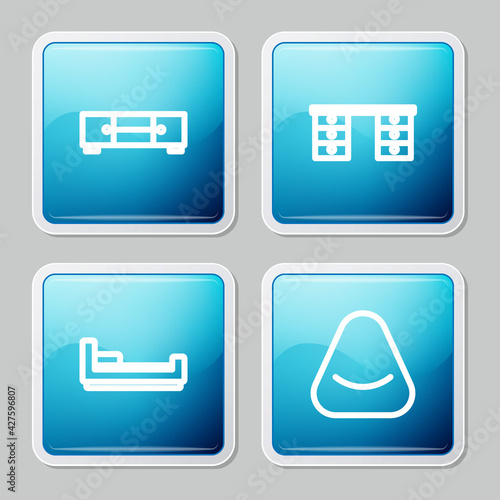 Set line Chest of drawers, Office desk, Bed and Pouf icon. Vector