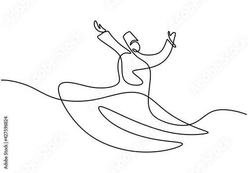 Continuous one line drawing of sufi dancer. Islamic traditional whirling dervish. Traditional Sema dancing minimalist design. One of the famous tourists attraction in Istanbul. Vector illustration