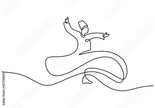 Continuous one line drawing of sufi dancer. Islamic traditional whirling dervish. Traditional Sema dancing minimalist design. One of the famous tourists attraction in Istanbul. Vector illustration