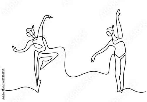 Continuous line drawing of loving couple woman and man dancing. Energetic young couple dance of man and girl isolated on white background. Hand drawn dancer picture silhouette. Vector illustration