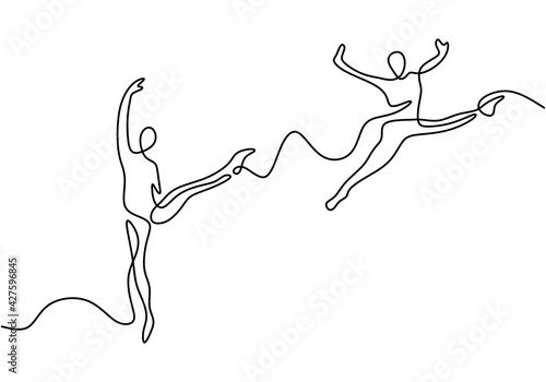 Continuous line drawing of loving couple woman and man dancing. Energetic young couple dance of man and girl isolated on white background. Hand drawn dancer picture silhouette. Vector illustration