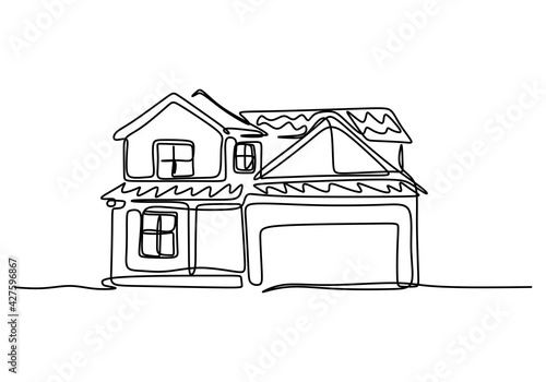 Single one line drawing of house with two floor. Home building construction isolated doodle minimal concept. Home exterior theme draw graphic design vector illustration on white background
