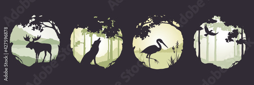 Fairy forest with wild animals. Landscapes with elk, heron and wolf. Nature in a frame of trees. Three vector illustrations.