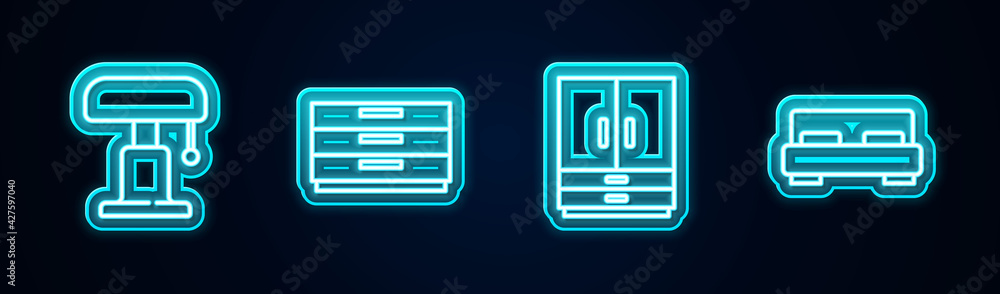 Set line Table lamp, Chest of drawers, Wardrobe and Big bed. Glowing neon icon. Vector Set line Table lamp, Chest of drawers, Wardrobe and Big bed. Glowing neon icon. Vector