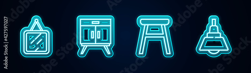 Set line Mirror, Chest of drawers, Chair and Chandelier. Glowing neon icon. Vector